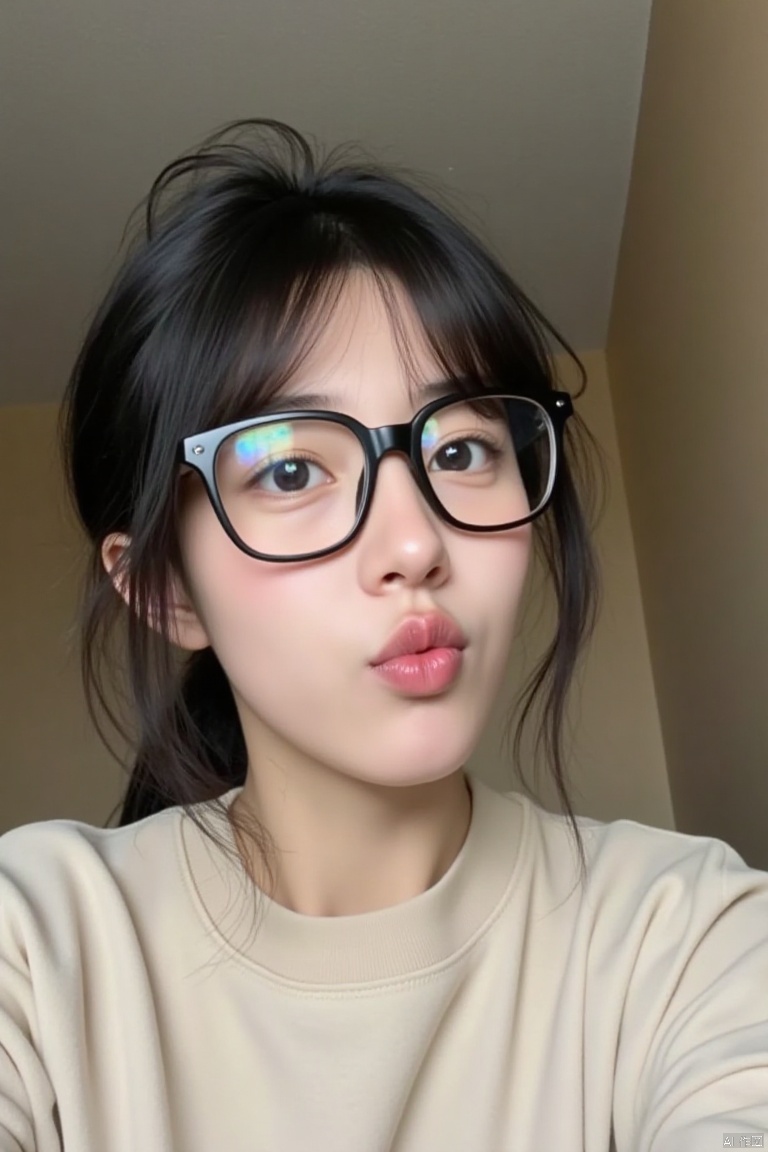  In this photograph, a young Asian woman is captured in a playful and candid moment. She is making a exaggerated "pouty" face, with her lips pursed and her cheeks puffed out, as if she is about to kiss or blow a kiss. Her black hair is slightly disheveled, with a few loose strands falling over her forehead and eyes. She is wearing large, black-framed glasses that reflect light, possibly from a nearby window. Her attire includes a beige or white sweatshirt, though the exact color is difficult to determine due to the lighting. The background is minimal, showing a tan wall and a gray ceiling, which suggests she might be indoors, possibly in a home or office. The image exudes a sense of fun and spontaneity, with the woman's expression and pose being the focal points of the photograph.