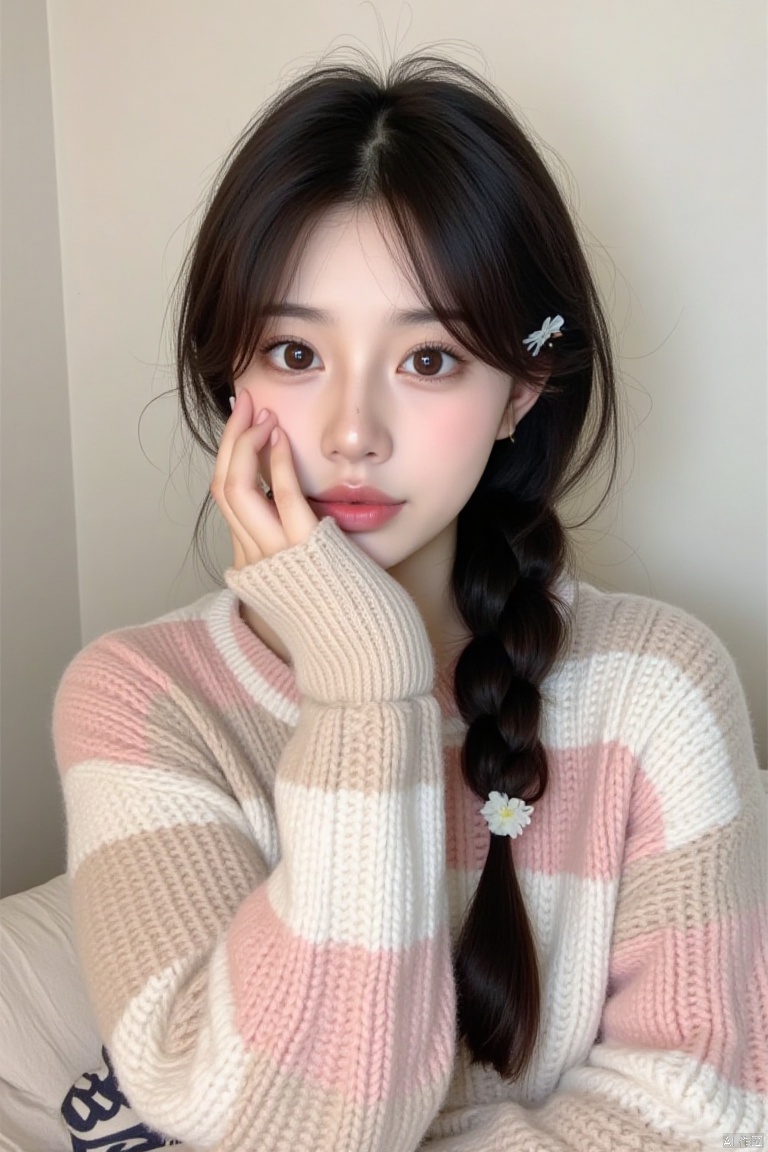 This is a high-resolution digital photograph featuring a young Asian woman with a fair complexion and delicate features. She has large, expressive brown eyes accentuated by subtle makeup, with a focus on her eyelashes and mascara. Her full, slightly parted lips are a soft pink hue, and her nose is small and straight. Her dark, thick hair is styled in a long, loose braid that falls over her right shoulder, with a small, white flower clipped near the front. She wears a cozy, oversized knit sweater in pastel shades of pink, white, and beige, with a loose, chunky texture that adds warmth and comfort. The sweater's large, knitted stitches are visible, and the text "PARIS" is partially visible on the left sleeve. Her right hand is gently touching her chin, with her fingers resting on her face, adding a contemplative or thoughtful expression to her pose. The background is a plain, light-colored wall, likely indoor, with a soft, diffused light source, possibly a window, casting a gentle glow and ensuring the focus remains on the subject. The overall ambiance is calm and serene, with a sense of introspection.