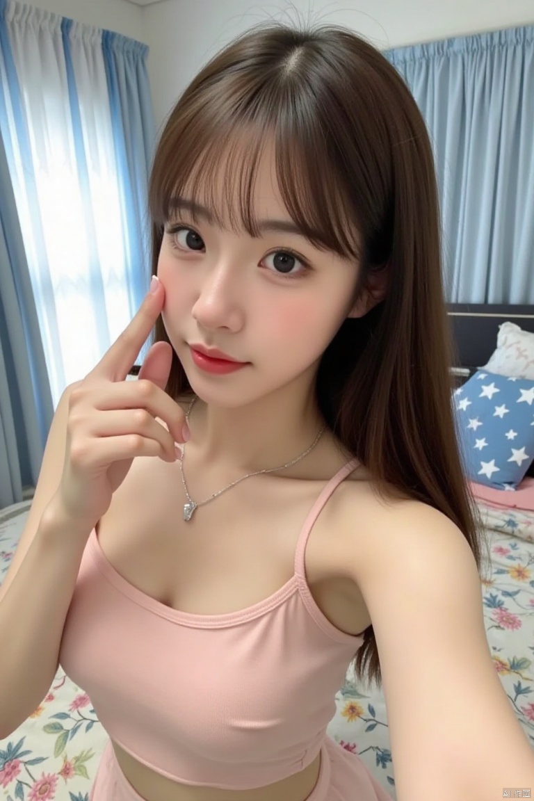  A young Asian woman is taking a selfie in a cozy bedroom. She is wearing a light pink crop top that reveals her midriff and a delicate necklace with a small pendant. Her long, dark brown hair with bangs frames her face, and she is holding her right hand up to her cheek, with her index finger and thumb touching her face, and her other fingers curled inwards. Her left arm is extended, holding the camera or phone to capture the shot. The background features a bed with a floral-patterned comforter and a blue pillow adorned with white stars. Behind her, a window with blue and white curtains allows light to filter in, adding a soft, inviting ambiance to the scene.