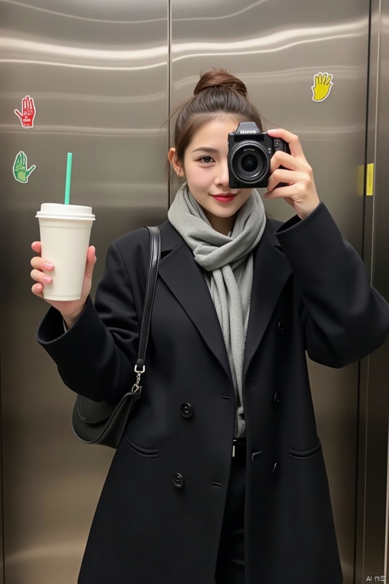 a woman in a black coat and a gray scarf is holding a white cup with a straw in her left hand. She is standing in front of a glass elevator door, her right hand holding a camera up to her face. The woman's hair is pulled back in a bun, and she is wearing a black jacket with a black belt around her waist. She has a black purse strap around her left shoulder. The glass door is adorned with a variety of stickers, including one with a red hand and the other with a yellow hand.