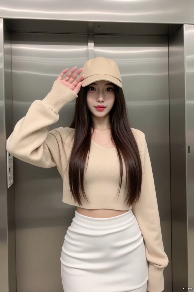 a young Asian woman with long dark brown hair, wearing a beige cap, and a white skirt. She is standing in front of an elevator, her left hand raised in the air, adding a pop of color to the scene. The background is blurred, creating a stark contrast to the woman's outfit.