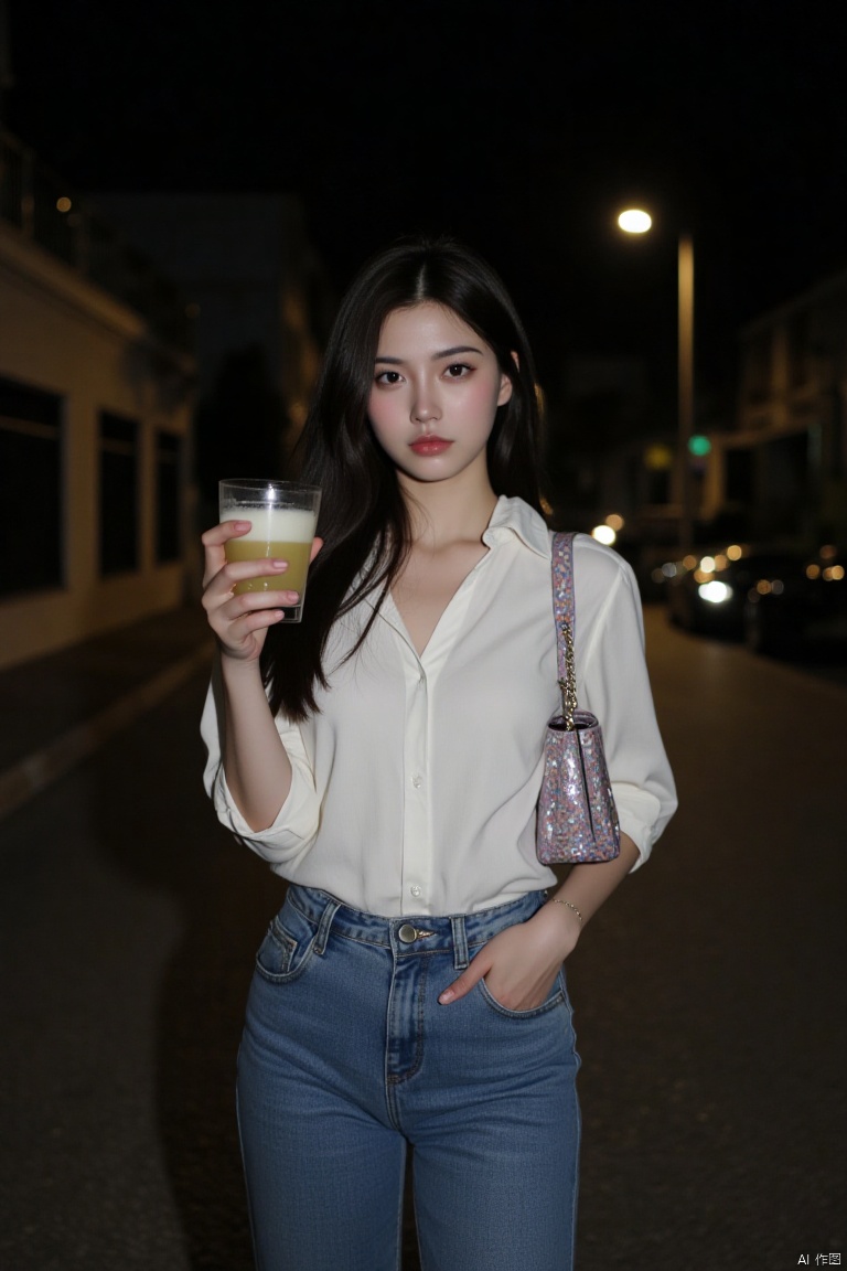 The image is a portrait of a young woman standing on a street at night. She is holding a drink in her left hand and a handbag in her right hand. The woman has long dark hair and is wearing a white blouse and blue jeans. She has a serious expression on her face and is looking directly at the camera. In the background, there are buildings and a street lamp. The overall mood of the image is dark and mysterious.