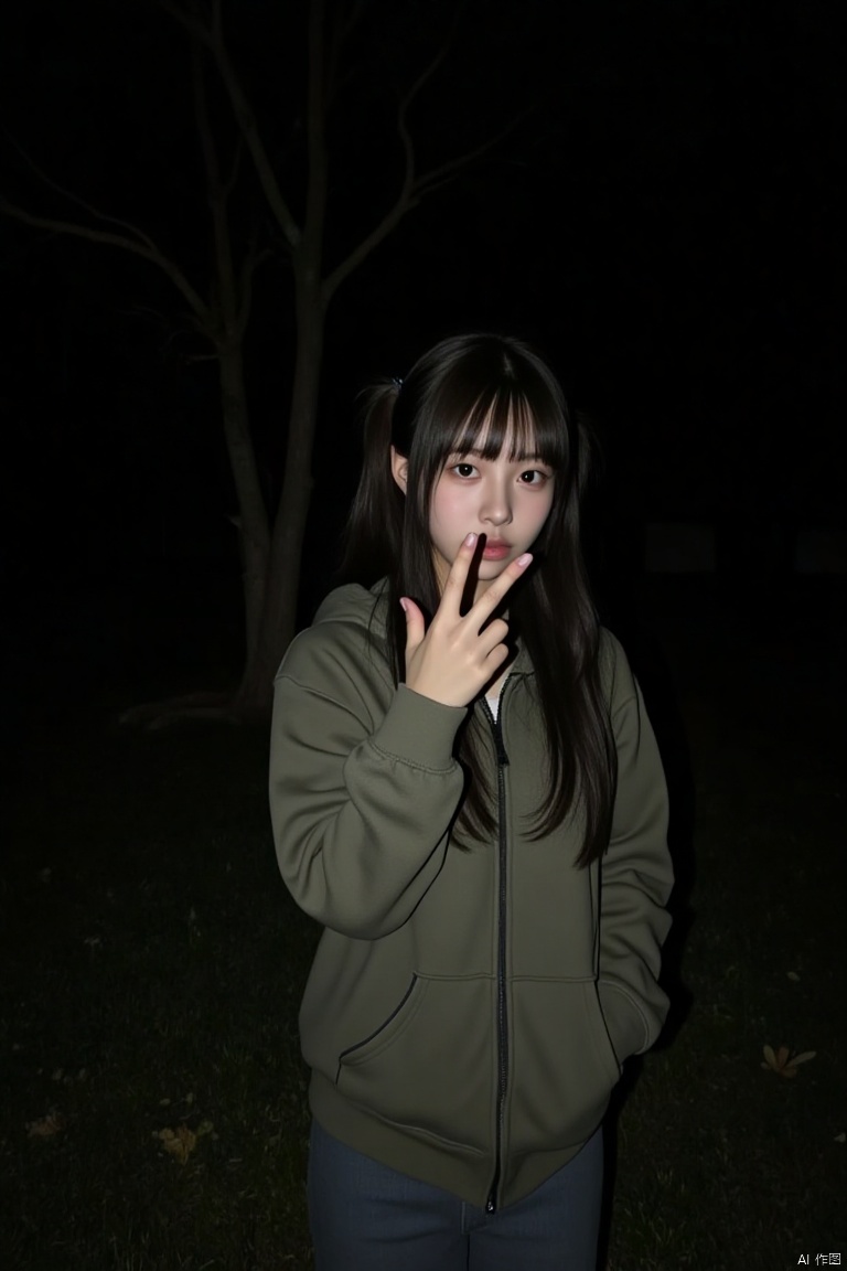  In this eerie, night-time scene, a girl with long, dark hair and bangs stands against a pitch-black background. Her hair is styled with two small pigtails framing her face. She wears a grayish-green hoodie that is zipped up to her neck, with the hood resting behind her. Her face is illuminated by a stark light that casts dramatic shadows, emphasizing her pale complexion. 

The most unsettling feature is her hand, which appears to have been digitally altered. The fingers are unusually long and thin, with the thumb seemingly cut off and the other fingers distorted into elongated, finger-like shapes. The hoodie's sleeve covers her wrist, adding to the surreal appearance of her hand. 

In the background, a faint outline of a tree is barely visible, with a few leaves scattered around its base. The ground appears to be covered in grass, suggesting an outdoor setting. The girl's eyes are wide open, gazing directly at the camera, enhancing the unsettling and mysterious atmosphere of the image.