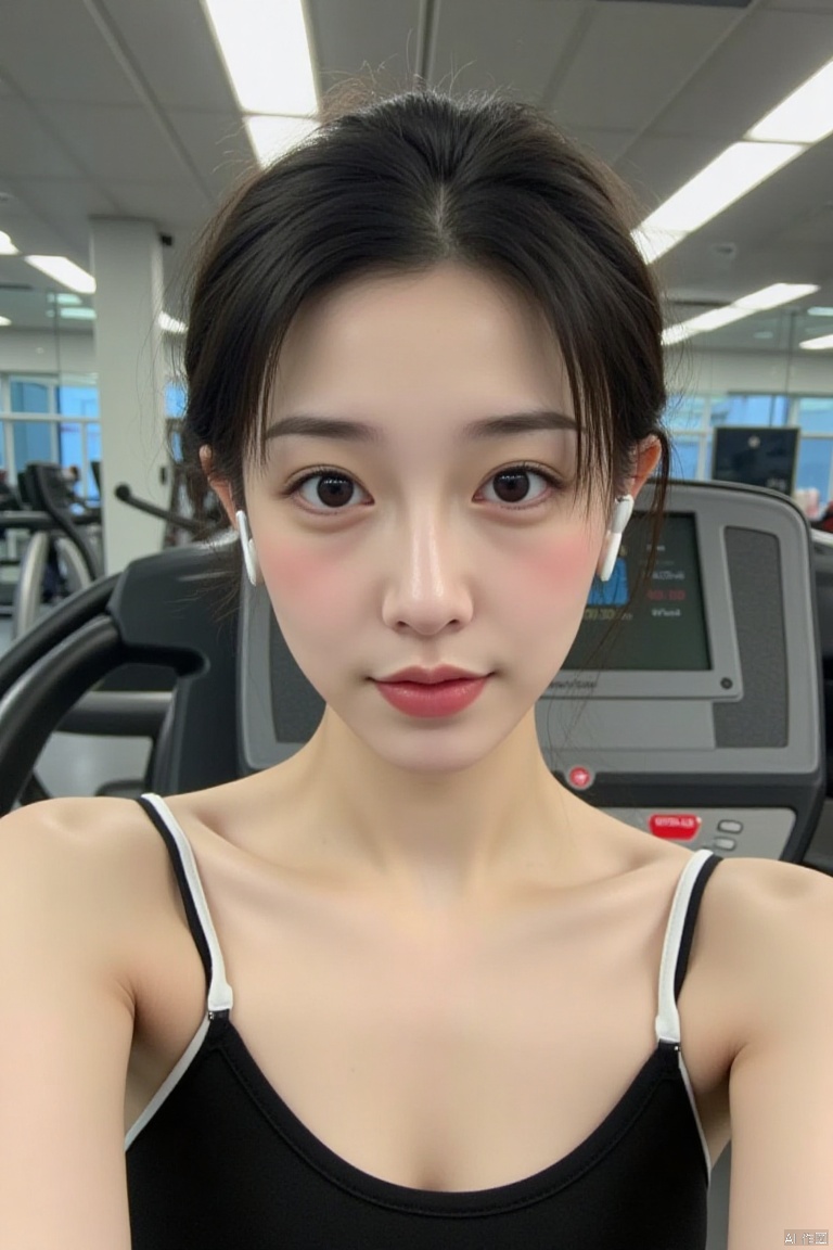 The photograph captures a young Asian woman in a gym setting,taking a selfie. She has a fair complexion and a delicate,oval face with delicate features. Her dark hair is neatly tied back,revealing her symmetrical face with large,almond-shaped eyes,a small nose,and full lips. She wears a black gym suit with thin white straps,accentuating her slender physique and modest breast size. Her skin glistens with a sheen,possibly from sweat or moisturizer,highlighting her smooth texture. She is wearing white wireless earbuds,suggesting she is listening to music or taking a break from her workout. The background shows a treadmill with a control panel and a red emergency stop button,indicating a fitness center or gym environment. The lighting is bright and even,likely from fluorescent lights,casting a neutral tone that enhances the clarity of the image. The overall composition is sharp and detailed,focusing on her face and upper body,with the treadmill in the background providing context.The girl's skin looked a little sweaty and slightly shiny. It was as if he had just finished exercising and his clothes were slightly wet with sweat. 