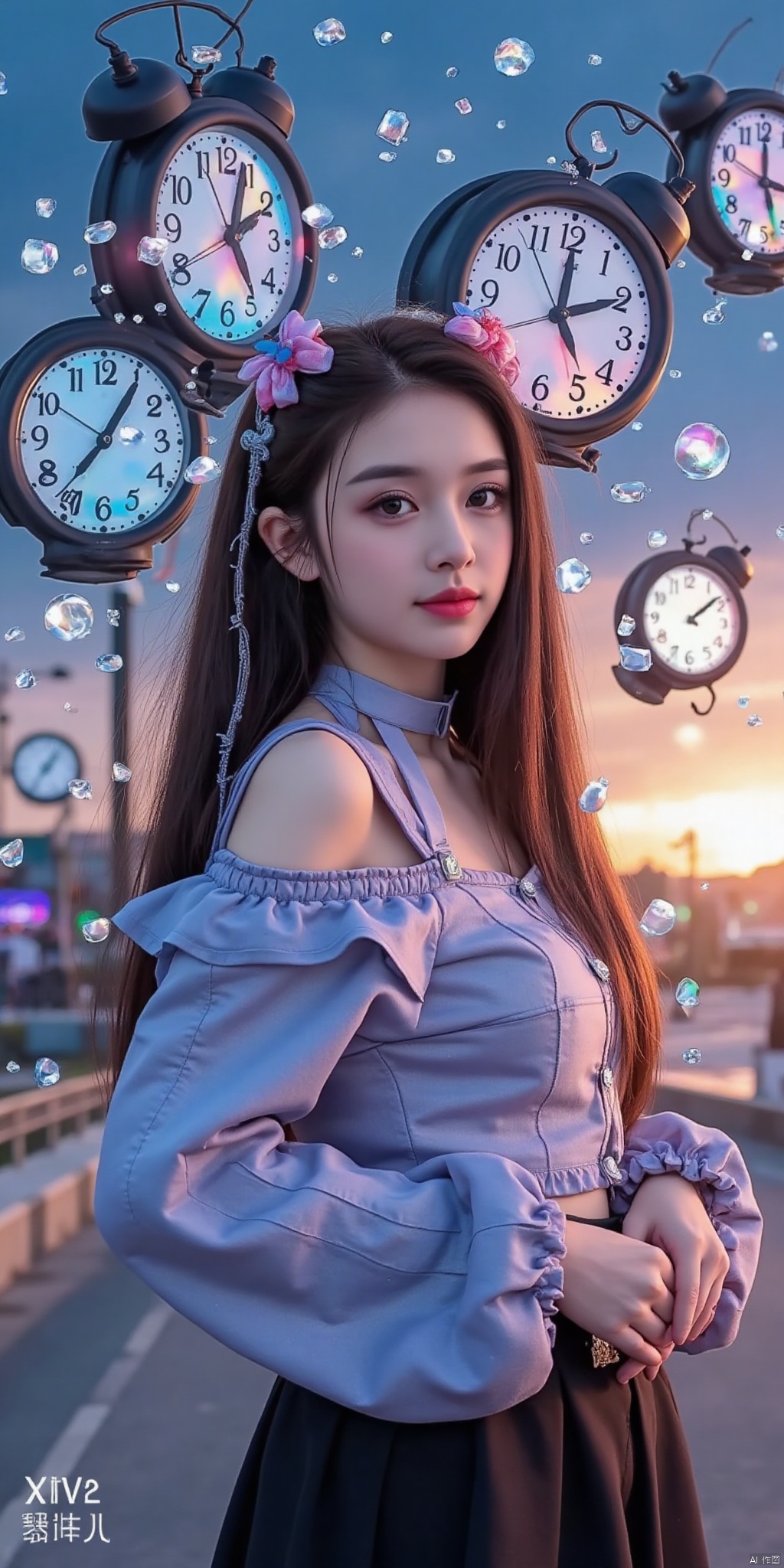 yilin, ((illustration)), ((floating hair)), ((chromatic aberration)), ((caustic)), lens flare, dynamic angle,  ((portrait)),  (1 girl), ((solo)), cute face, ((hidden hands)), asymmetrical bangs, (beautiful detailed eyes), eye shadow, ((huge clocks)),  ((glass strips)), (floating glass fragments), ((colorful refraction)), (beautiful detailed sky), ((dark intense shadows)), ((cinematic lighting)), ((overexposure)), (expressionless),  blank stare, big top sleeves, ((frills)), hair_ornament, ribbons, bowties, buttons, (((small breast))), pleated skirt, ((sharp focus)), ((masterpiece)), (((best quality))), ((extremely detailed)), colorful, hdr