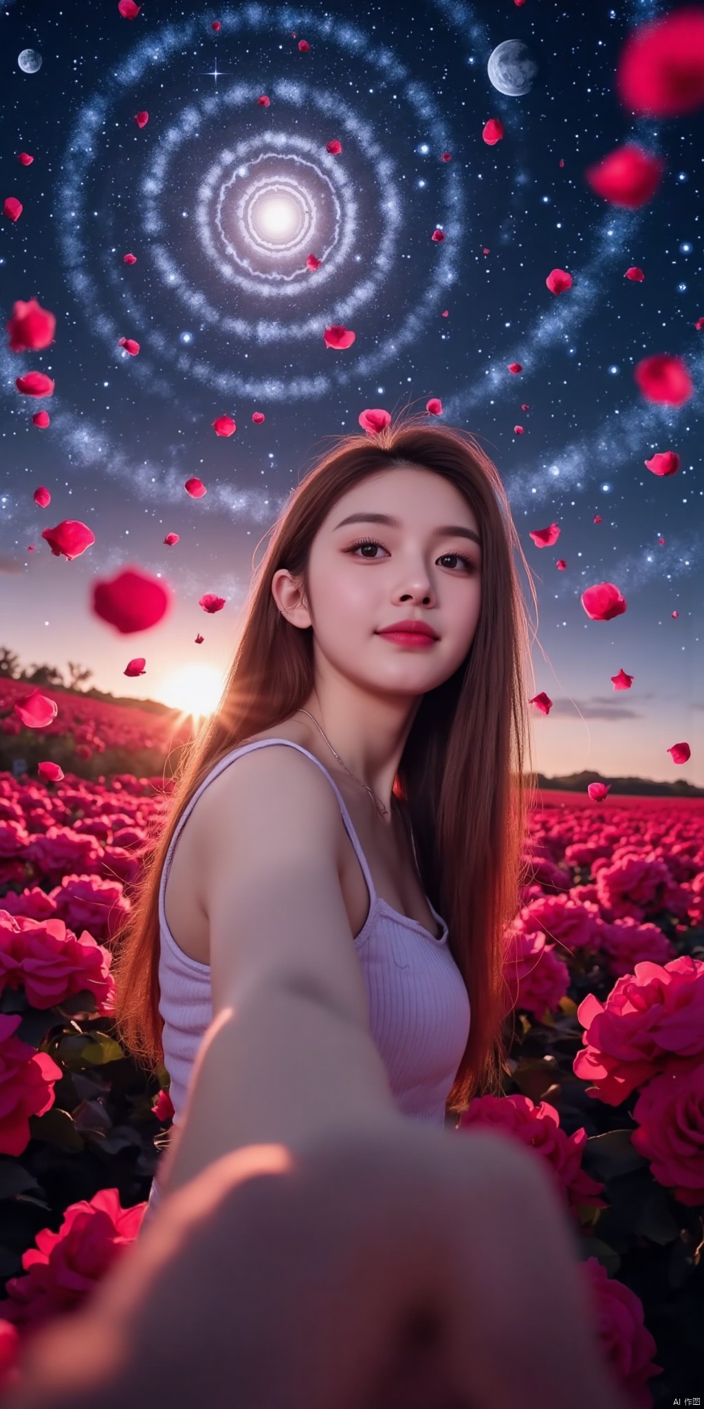 yilin, DSLR Quality,Depth of field ,looking_at_viewer,Dynamic pose, , kind smile,1girl , 8k resolution, Masterpiece quality, High detail. from below, Fantasy theme, cropped. {(1 girl:1.5),(close to viewer:1.8), ((looking at viewer:2), beautiful face, ), ((worm's eye shot:1.2)),perspective distortion}, (Panoramic view, fisheye lens effect:1.1). {(Strong backlighting, underexposure:1.4), (blocked shadows:0.8), depth of field(at 100mm focal length:1.2)}, (horizon:0.7), low key earth. the starry sky feathering into the background, creating a sense of depth and gradient. Incorporating Droste Effect(an endless repetition and reflection:1.2). Surrounded by fluttering rose petals, reflected or casting dramatic shadows and highlights, {(meteor shower, planets:1.1), (Vermilion Comet:1.3)}. mesmerizing effect, a dreamlike ambiance of infinity. A vortex of rose petals, a starry sky vortex, , as, vortex, tyjf,
