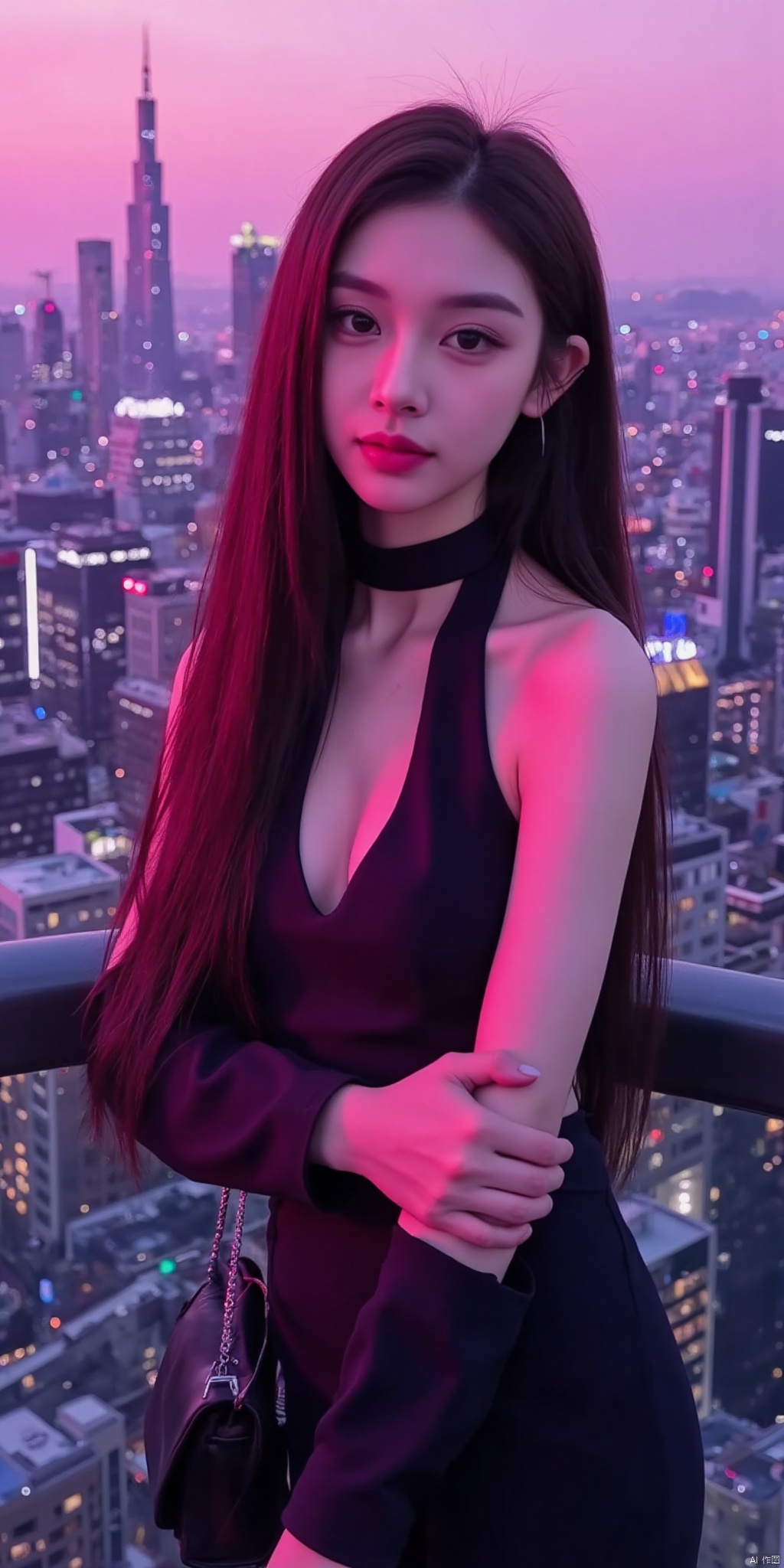 yilin,best quality, masterpiece, realistic,(Good structure), DSLR Quality,Depth of field,,looking_at_viewer,Dynamic pose, neonpunk style Neon noir leogirl,hANMEIMEI,realistic photography,,On the rooftop of a towering skyscraper,a girl stands,facing the camera directly. Behind her,a multitude of skyscrapers stretches into the distance,creating a breathtaking urban panorama. It's the perfect dusk moment,with the evening sun casting a warm glow on the girl's face,intensifying the scene's impact. The photo captures a sense of awe,with the sharpness and realism making every detail vivid and clear,Hair fluttered in the wind,long hair,halterneck, . cyberpunk, vaporwave, neon, vibes, vibrant, stunningly beautiful, crisp, detailed, sleek, ultramodern, magenta highlights, dark purple shadows, high contrast, cinematic, ultra detailed, intricate, professional,, 