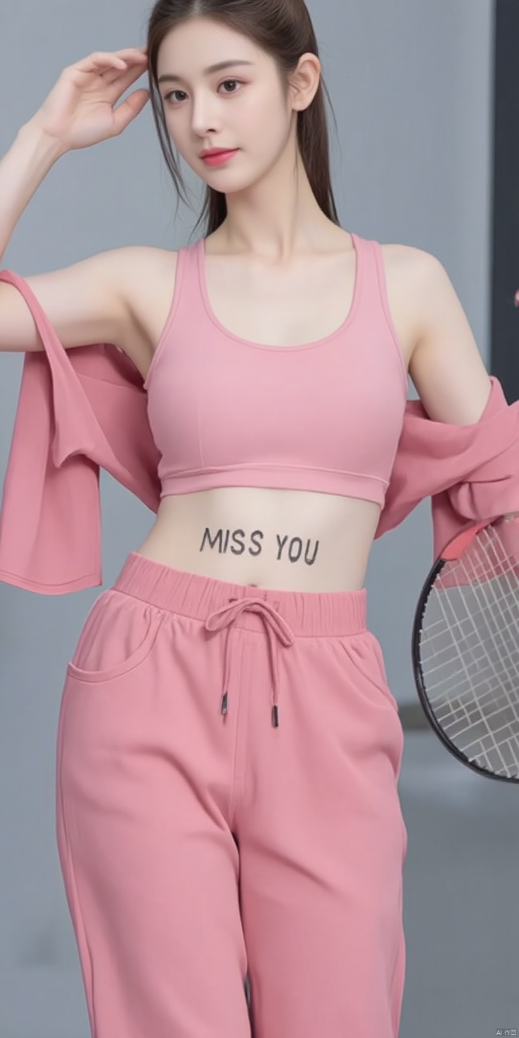 yilin,Realistic photo, 1girl, big eyes, ponytail, fair skin, (giant breasts),(White and plump super breasts leaked from the chest of clothes.), There is a tattoo on the abdomen that says: MISS YOU,yoga top, pink yoga pants, upper body, (playing badminton), luxury gym,,hanxue,Waist pantyhose