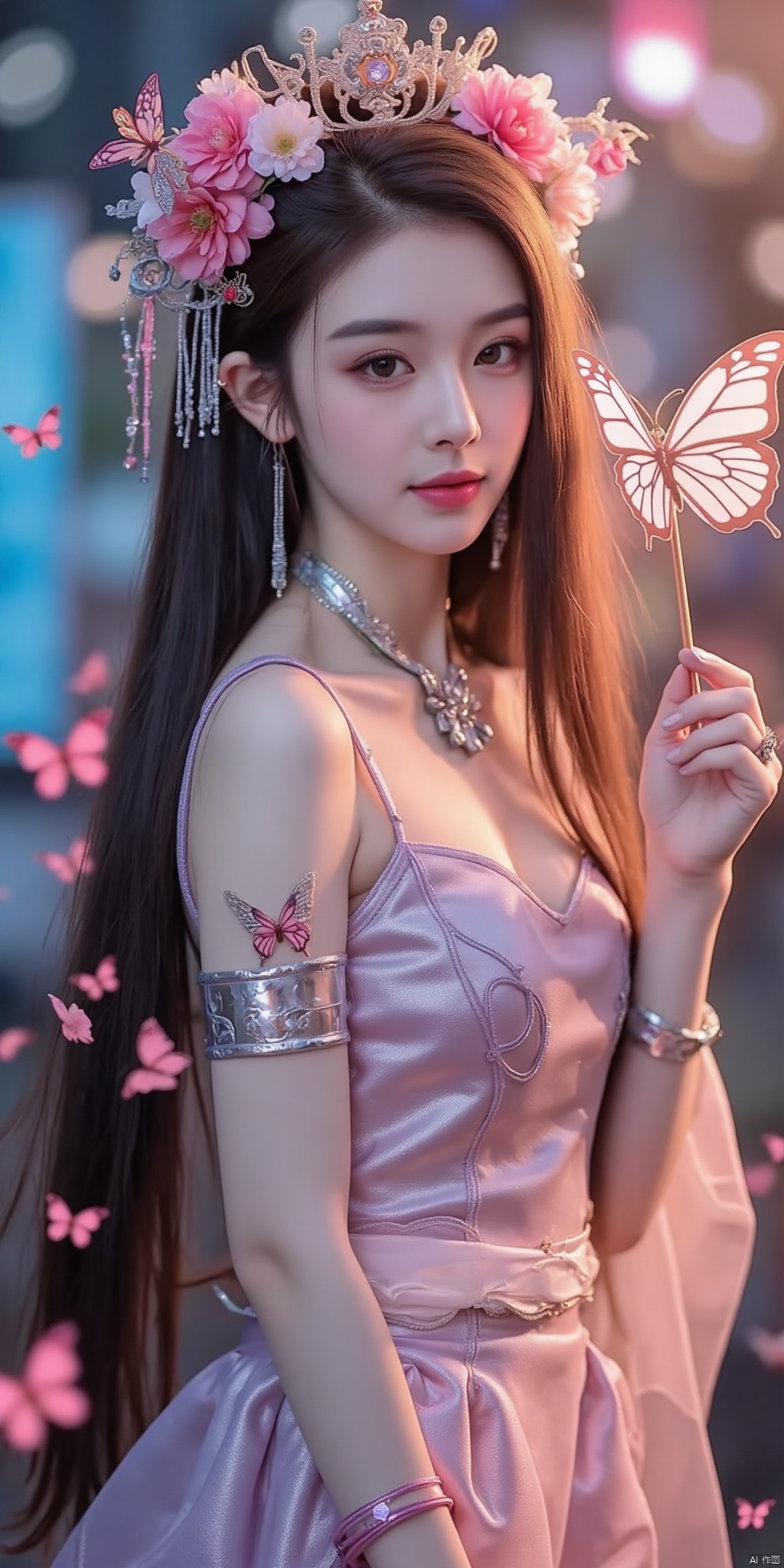(((masterpiece))), ((the best quality, super fine illustrations, beautiful and delicate water)),Depth of field, fine 8KCG wallpapers, ( delicate light), ((cinematic lighting)),(portrait),Portrait lens,(((Alphonse Mucha))),((Fantasy style)),((shine)),(((Tarot card)))(young girl),(((China_Cheongsam))),(delicate eyelash),((cute anime face)),(extremely delicate and beautiful),(hair_flower),(Gem),(crystal),((colored inner long hair)),(multicolored),(beautiful detailed face ),((( detailed long hair ))),floating long hair,gradient hair,(lace),(ribbon),((crown)),(detailed cloth)((Butterfly)),(detailed Butterfly) ,(multicolored Butterfly),(neon palette),((detailed flowers)) ,((multicolored flowers)),(flowers_Surrounded),(Butterfly_Surrounded)(((Flowers fill the screen))),((Fill the screen)), yilin