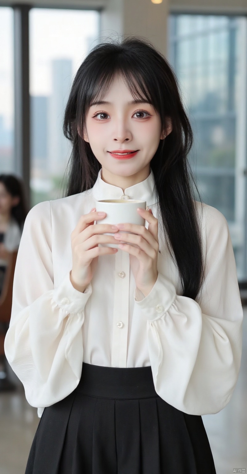 ,xxfriaoiaoeiou,(best quality,4k,8k,highres,masterpiece:1.2),ultra-detailed,(realistic,photorealistic,photo-realistic:1.37),woman in white blouse, high collar, black skirt, holding coffee cup, modern building background, large windows,beautiful detailed eyes,beautiful detailed lips,extremely detailed eyes and face,long eyelashes,standing pose,confident expression,slightly smiling,indoor setting,studio lighting,sharp focus,professional,cityscape view through windows,soft natural light,modern architecture,contemporary design,neutral colors,white and black tones,urban environment,clear sky,calm atmosphere,vivid colors,bokeh,physically-based rendering,extreme detail description
