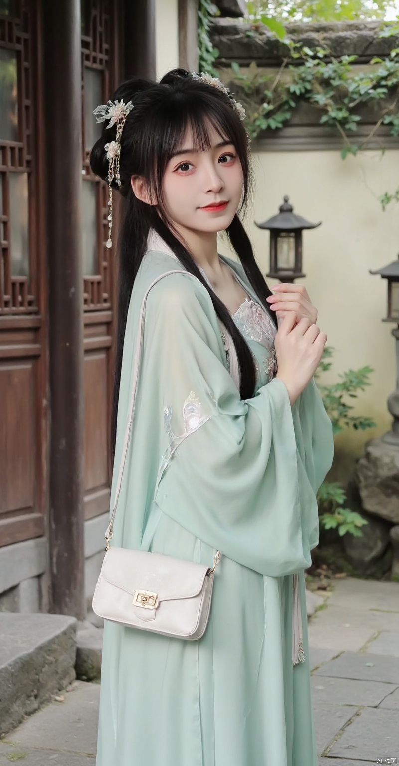 ,xxfriaoiaoeiou,(best quality,4k,8k,highres,masterpiece:1.2),ultra-detailed,(realistic,photorealistic,photo-realistic:1.37),light green Chinese dress,long braided hair,flowers in hair,white handbag,wooden door,stone steps,beautiful detailed eyes,beautiful detailed lips,extremely detailed eyes and face,long eyelashes,traditional Chinese style,serene expression,standing pose,side view,ancient Chinese architecture,stone pathway,soft natural light,green foliage,delicate patterns on dress,embroidered flowers,subtle makeup,gentle smile,peaceful atmosphere,calm and elegant,traditional Chinese garden,stone lanterns,ivy covered walls,shallow depth of field,vivid colors,bokeh,ethereal ambiance,atmospheric lighting,detailed textures,sharp focus,physically-based rendering,extreme detail description,professional,concept art,oriental aesthetics,