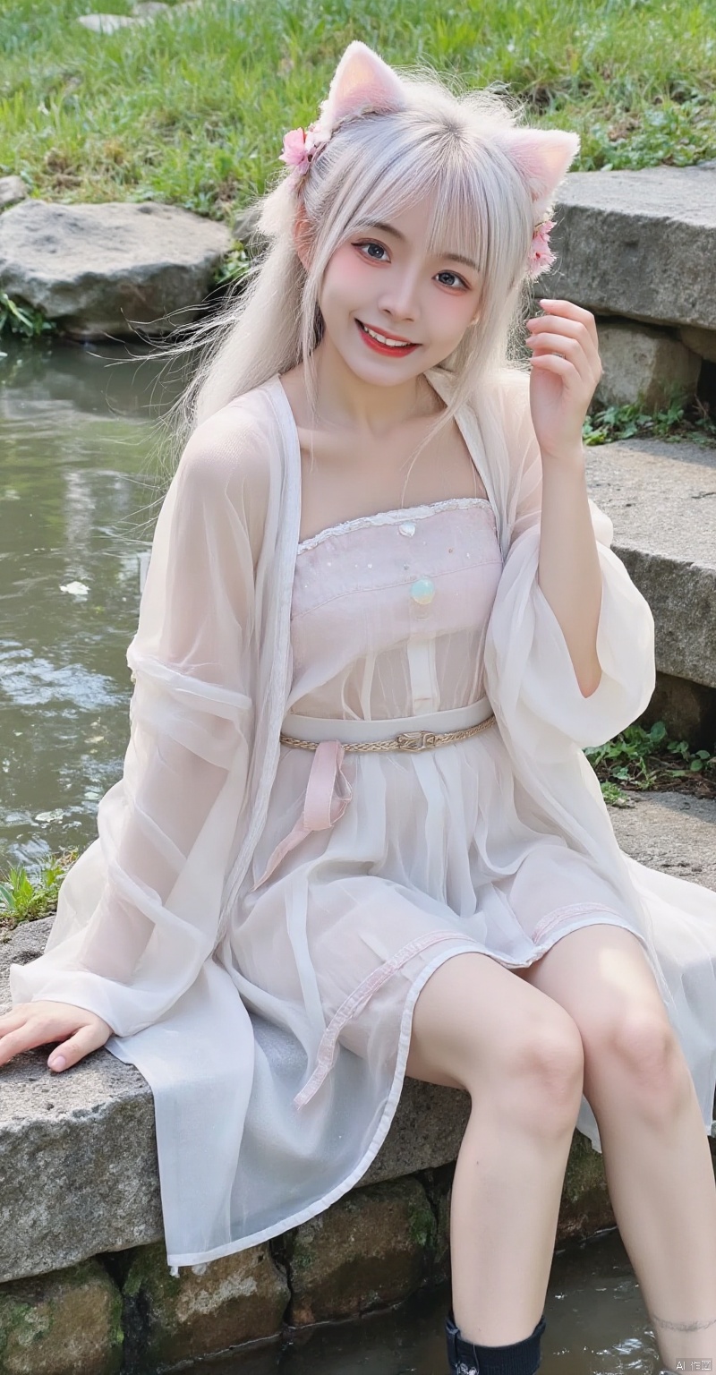 ,xxfriaoiaoeiou,masterpiece, high resolution, added details, enhanced clarity, enhanced details, full body image, cute girl, 1 girl, girl with cat ears on her head, big bread, strapless, transparent chiffon, transparent outerwear, transparent top, transparent sleeves, transparent skirt, short skirt, white stripes on the edge of the short skirt, short skirt blown up by the wind, stockings, skirt fluttering, transparent belt, belt blown up by the wind, big eyes, happy laughter, happiness, milky white long hair, long hair spreading out, long hair reaching waist, long hair fluttering, sunny, hand combing hair, light and thin clothes, clothes translucent, blue big eyes, small pink floral hair clips. Petals fluttering, black strap on left leg, sitting on the stone steps, on the grass by the water, barefoot, feet submerged in water, delicate feet, delicate fingers,