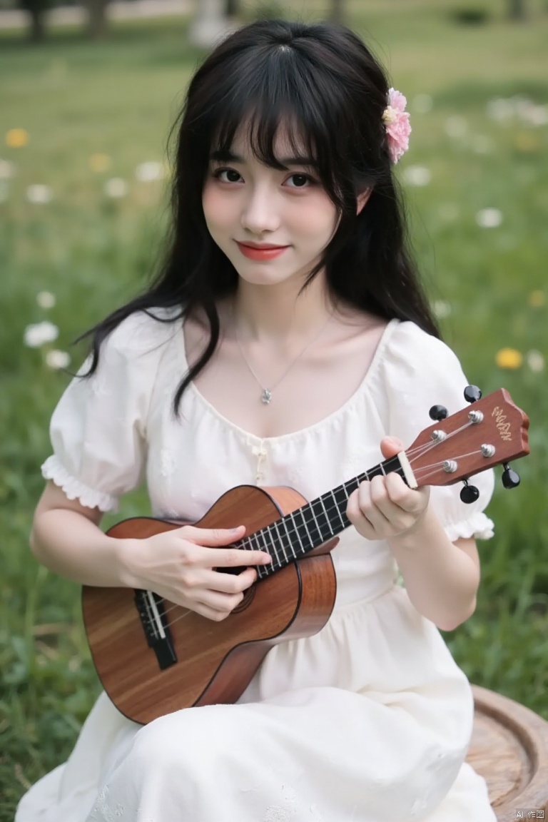 ,xrbbueuiaoao,(girl playing ukulele,beautiful detailed eyes,beautiful detailed lips,extremely detailed eyes and face,long eyelashes,smiling,black hair,flowing hair,white dress,holding a ukulele,sitting on a wooden stool,soft natural light,green grass background,flowers around,peaceful atmosphere,best quality,4k,8k,highres,masterpiece:1.2),ultra-detailed,(realistic,photorealistic,photo-realistic:1.37),illustration,watercolor style,soft colors,pastel tones,bokeh,HDR,UHD,sharp focus,professional,vivid colors,serene,calm,joyful,relaxed