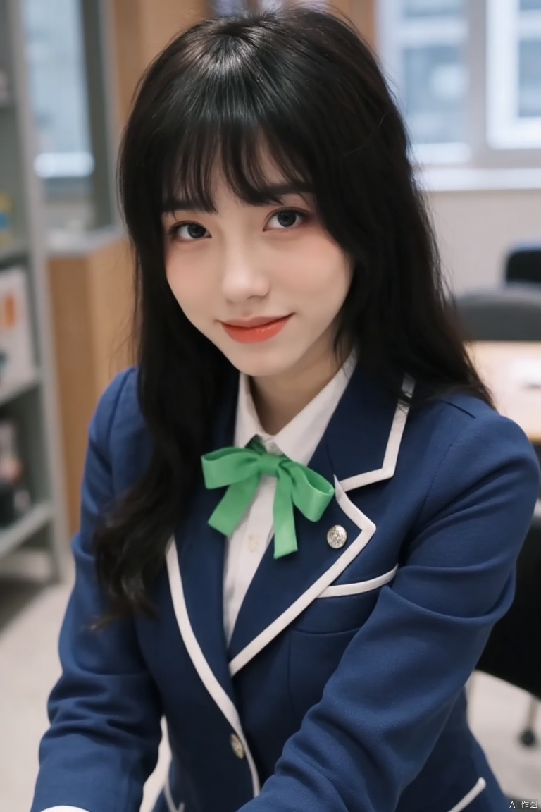 ,xrbbueuiaoao,(high quality,4k,8k,highres,masterpiece:1.2),ultra-detailed,(realistic,photorealistic,photo-realistic:1.37),1girl,long black hair,warm blue eyes,blue suit,black boots,white collar,bright green bow,sitting on a chair,beautiful detailed eyes,beautiful detailed lips,extremely detailed eyes and face,long eyelashes,modern school setting,soft lighting,calm expression,neat and tidy,indoor environment,cozy atmosphere,gentle smile,professional look,sharp focus,physically-based rendering,extreme detail description,vivid colors,bokeh,portrait style