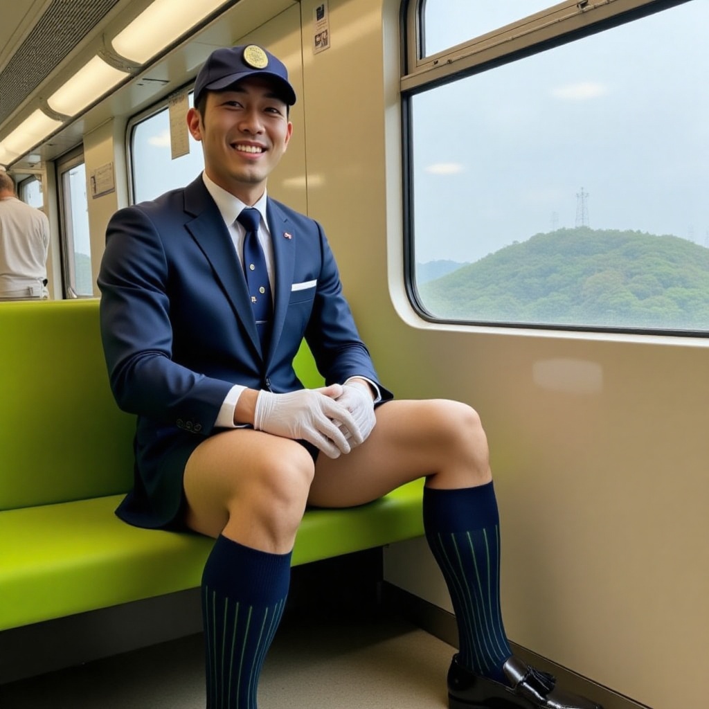 a Japanese male of 175cm tall in a blue suit,  a 8 point uniform cap and white gloves is seated on seat of a train. He is...