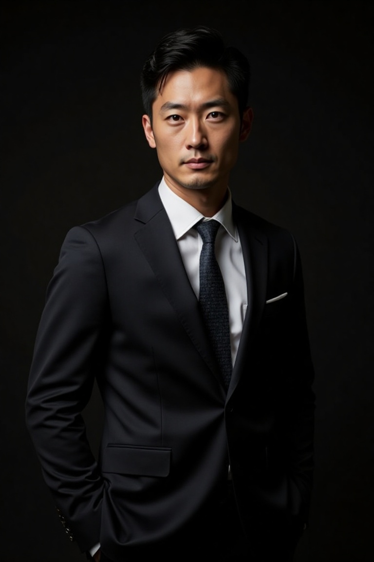 asian man in a suit and tie posing for a picture,  dark suit jacket,  light-colored dress shirt on Tensor.Art