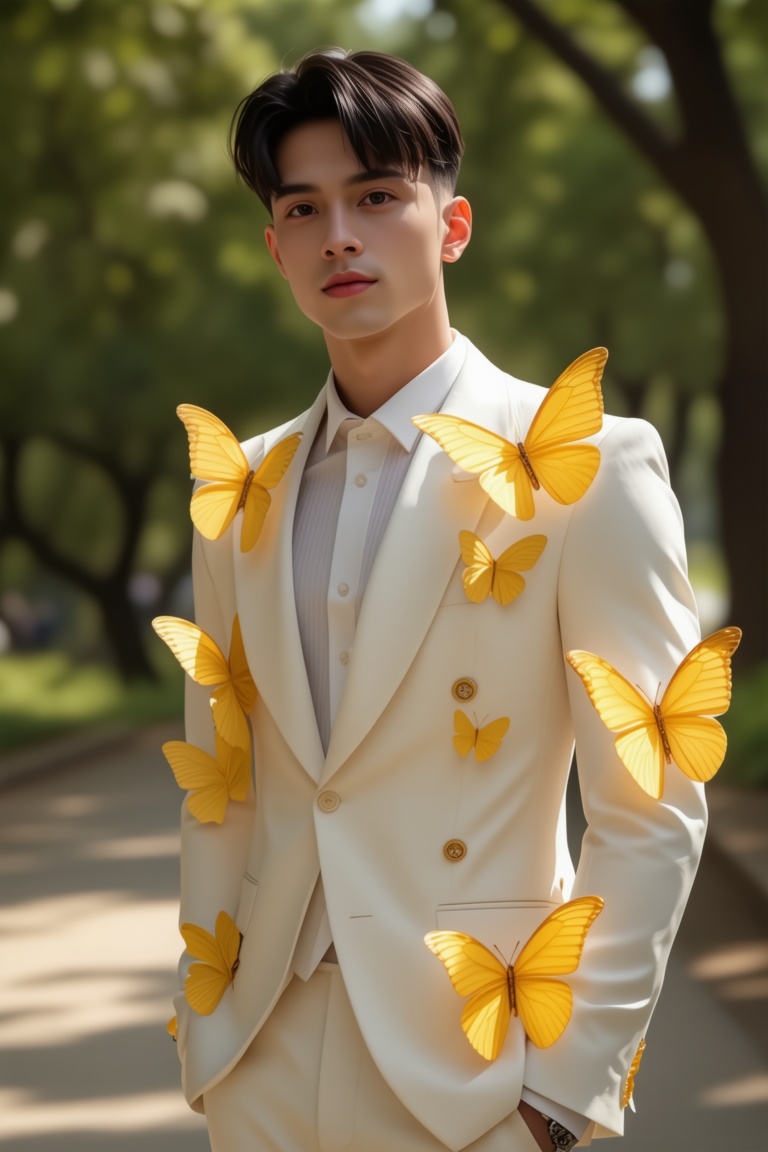 A majestic figure emerges in a lush park on a sunny day. A chiseled male physique,  bronzed from the sun,  in a breathtaki...