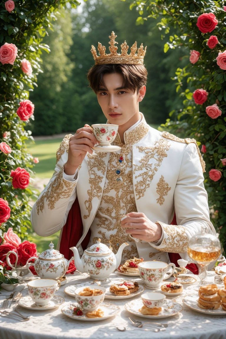 A fantasy scene set in a lush,  enchanted garden during a majestic royal tea time. The central figure is a stunning young...