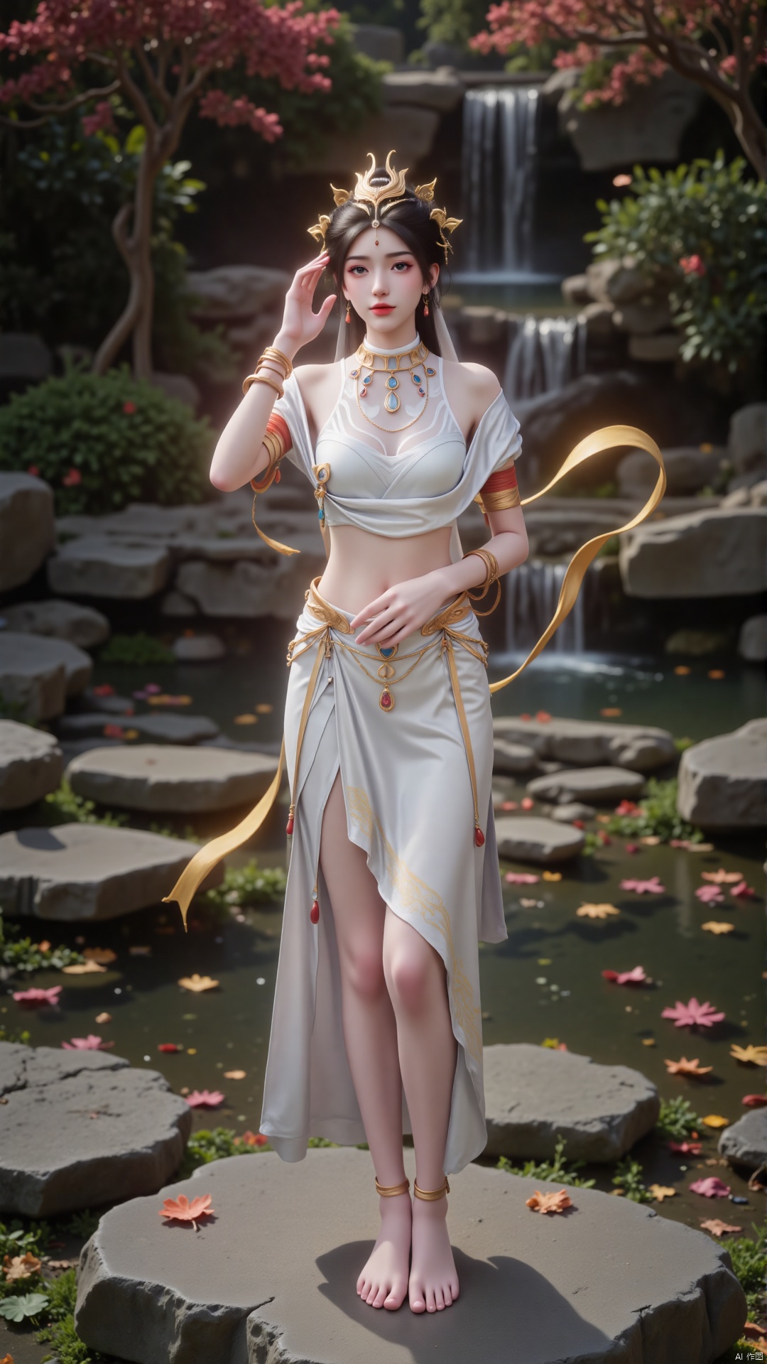 Depth of field, ultra clear, ultra-high resolution, 8k, well structured, masterpiece, surrealism, details, textures, conceptual artwork, atmosphere, clear background, film lighting technology.
1 girl. Solo. Tall. A girl stands on a stone in front of a waterfall. Touch your face with your left hand and your head with your right hand. Dunhuang style clothing, black hair, gold hair accessories, wearing a white dress with gold accessories on the clothes, and a necklace around the neck. Jewelry, earrings. The clothes are embroidered with golden patterns. Silk material clothing. Eye shadow, red lips, delicate face. Exposed legs, exposed waist, bare feet, smooth and delicate skin. Long legs, perfect body proportions, slim. The skirt she was wearing hung down in a graceful pattern, with a golden belt tied around her waist. Her bracelet is decorated with red, blue, and orange beads. There is a golden silk ribbon floating behind.
Waterfalls, clear and bottomless water during the day and autumn. Maple trees, stones, moss, fallen leaves, floating leaves on the water surface, nature.