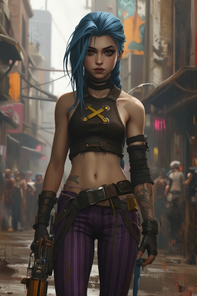 Jinx dress is a brown short vest with yellow laces shape like single X,  a purple striped pants under knee level,  choker...