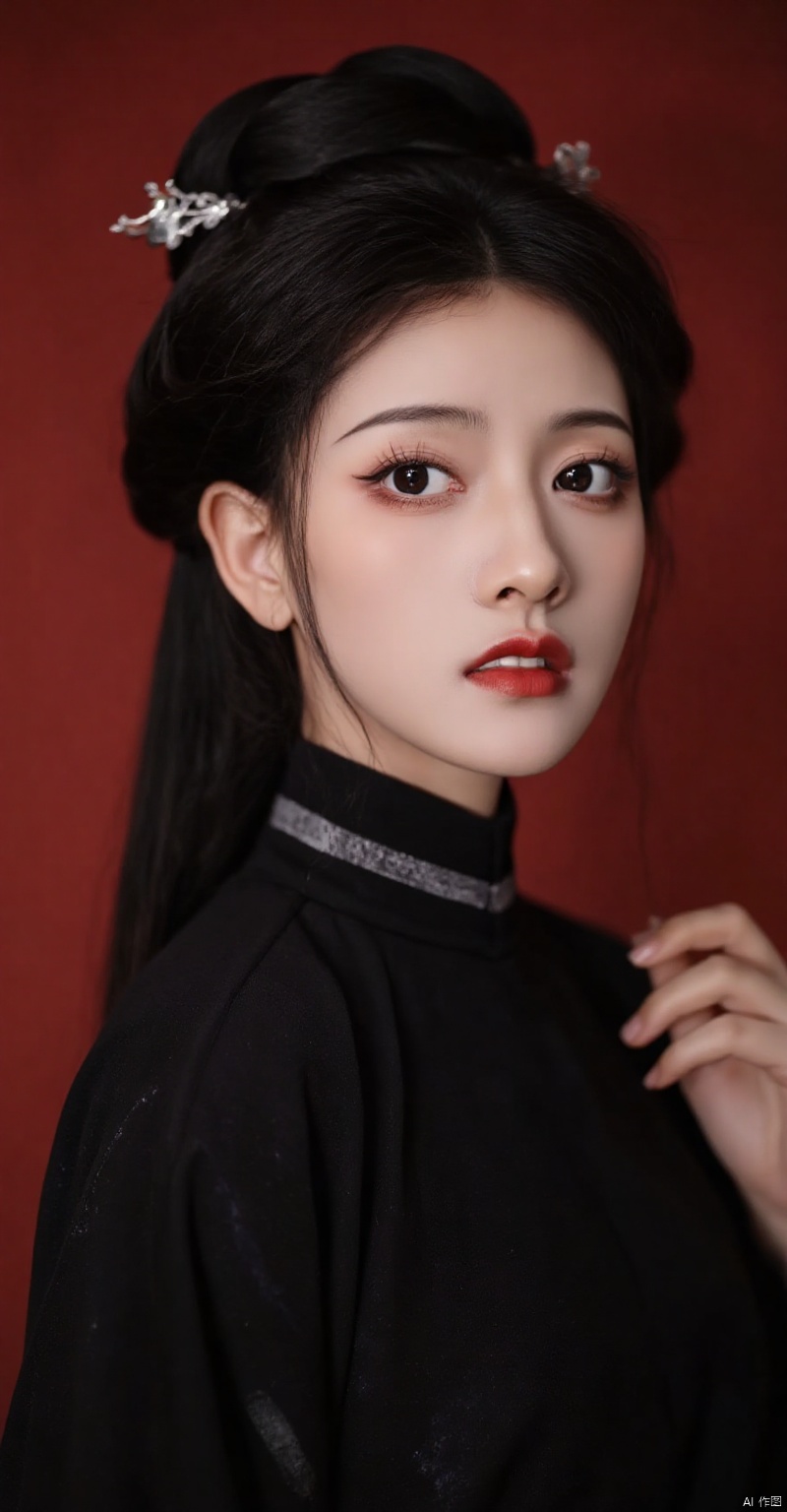 lqniniuai,(black traditional outfit,high collar,long dark hair,elegant updo,decorative hairpin,solid red background),(best quality,4k,8k,highres,masterpiece:1.2),ultra-detailed,(realistic,photorealistic,photo-realistic:1.37),beautiful detailed eyes,beautiful detailed lips,extremely detailed eyes and face,long eyelashes,traditional hairstyle,refined makeup,graceful posture,side profile,serene expression,rich fabric texture,subtle shadows,soft lighting,high contrast,deep red tones,dramatic atmosphere,portrait photography,studio lighting,sharp focus,vivid colors,bokeh,