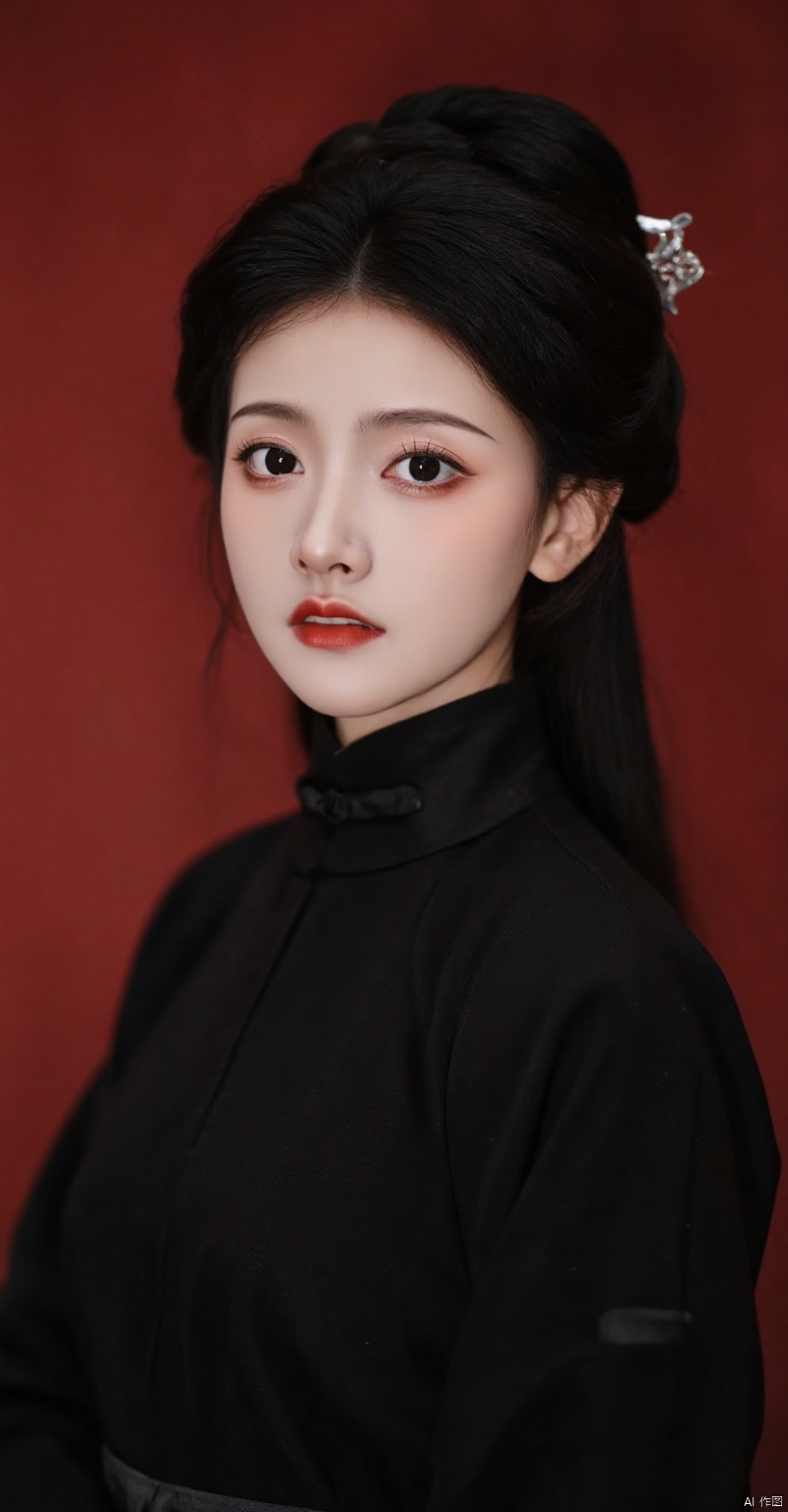 lqniniuai,(black traditional outfit,high collar,long dark hair,elegant updo,decorative hairpin,solid red background),(best quality,4k,8k,highres,masterpiece:1.2),ultra-detailed,(realistic,photorealistic,photo-realistic:1.37),beautiful detailed eyes,beautiful detailed lips,extremely detailed eyes and face,long eyelashes,traditional hairstyle,refined makeup,graceful posture,side profile,serene expression,rich fabric texture,subtle shadows,soft lighting,high contrast,deep red tones,dramatic atmosphere,portrait photography,studio lighting,sharp focus,vivid colors,bokeh,