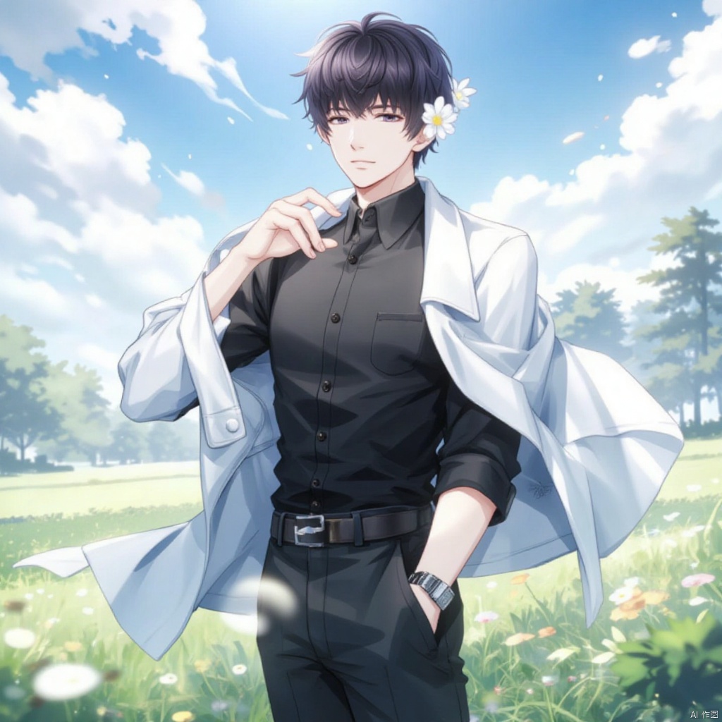 A solo anime-style boy stands confidently, looking directly at the viewer with a hint of mischief in his eyes. His short, dark hair is styled with bangs framing his face. He wears a black shirt and pants, contrasting with the white jacket slung over his shoulder. A flower is tucked behind his ear, adding a touch of whimsy to the scene. The outdoor setting features a cloudy sky, lush green grass, and a gentle breeze rustling his clothes as he stands tall, his watch visible on his wrist.