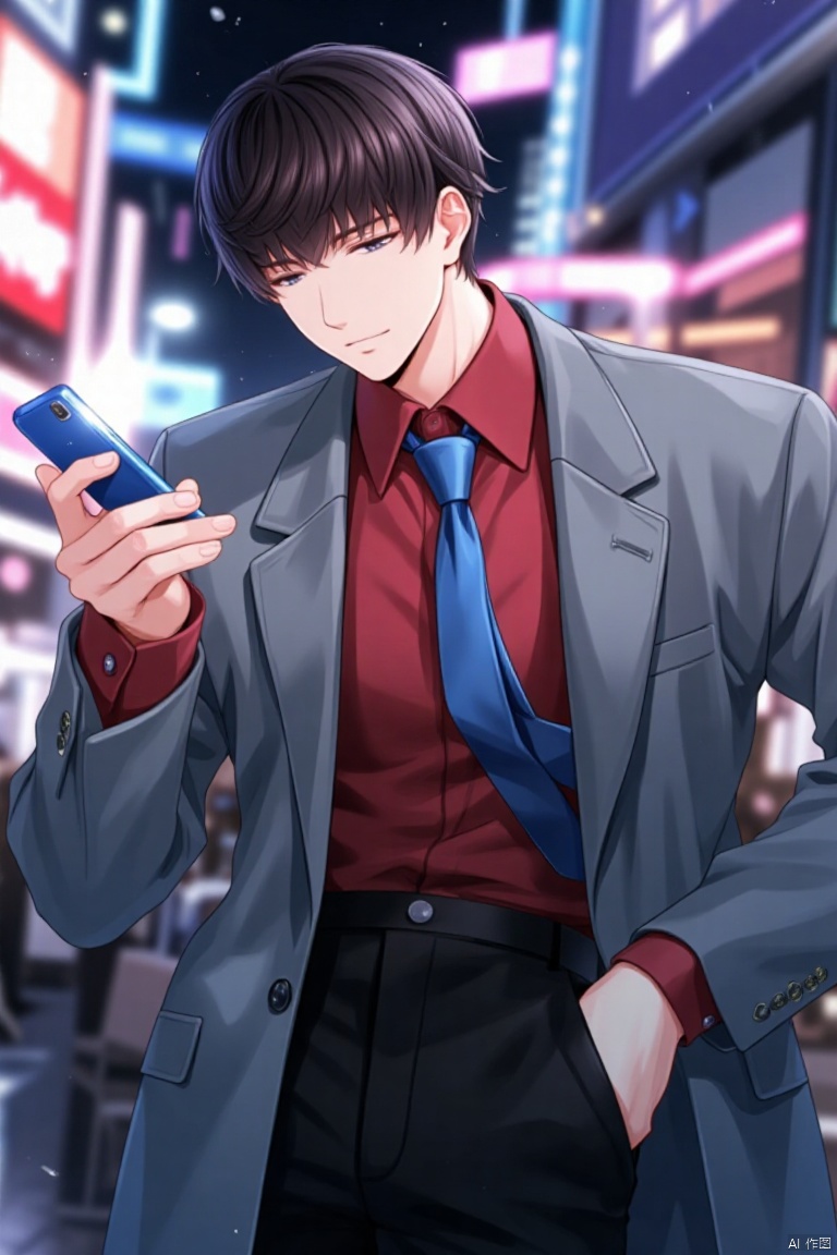 a cartoon character, dressed in a gray blazer, a red button-down shirt, a blue tie, and black pants, is holding a blue cell phone in his right hand. His left hand is resting on his hip. The character's eyes are closed, as if he is looking down at the phone. The background is blurred, suggesting a cityscape. The scene is lit up with a few lights, adding a pop of color to the scene.