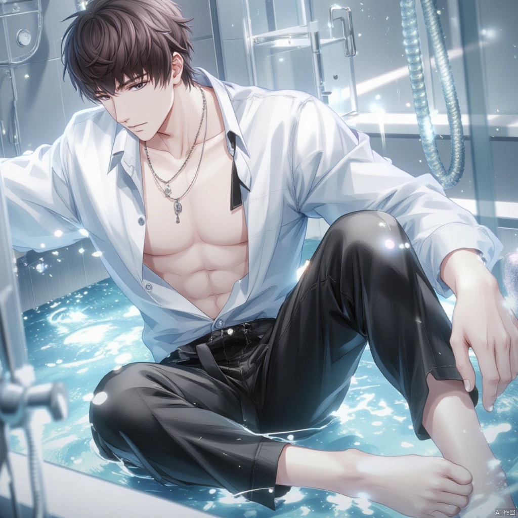 A solo anime-style male sits looking directly at the viewer,  his short brown hair messy and styled to perfection. He wear...