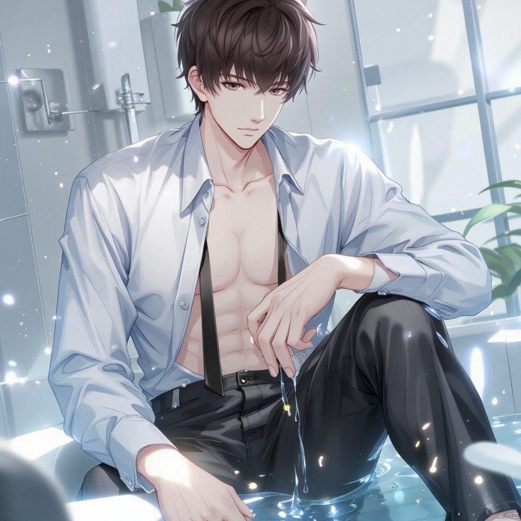 A solo anime-style male sits looking directly at the viewer,  his short brown hair messy and styled to perfection. He wear...