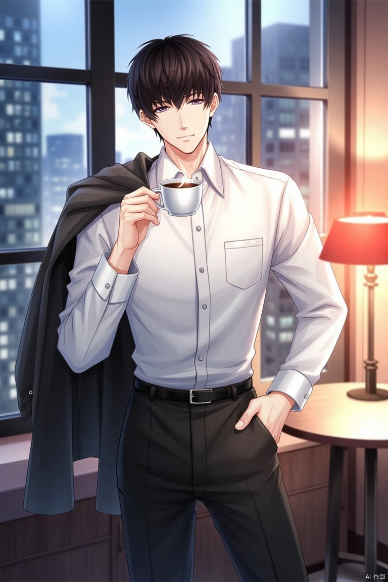 A solo shot of a young man with short, black hair and a white shirt, standing confidently in front of a window with a cityscape view. He's wearing black pants and has his jacket slung over one shoulder, holding a cup of steaming hot coffee in his hand. The warm glow of the lamp on the nearby table casts a cozy ambiance, highlighting the texture of his hair and the creases of his shirt.