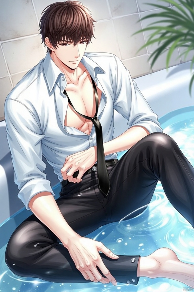 A solo anime-style male sits looking directly at the viewer, his short brown hair messy and styled to perfection. He wears a white collared shirt with no tie, showcasing his defined abs and pectorals as he sits with one knee up and his bare feet visible. His black necktie hangs loose around his neck, adding a touch of sophistication. The background is an indoor setting with a bathtub and water effects creating a see-through illusion. The subject's black pants are wet, and his white shirt clings to his torso, highlighting his navel. Brown eyes lock onto the viewer, inviting them into this intimate moment.