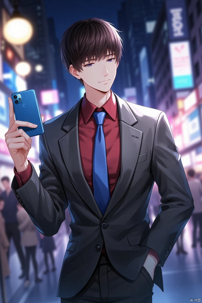 a cartoon character, dressed in a gray blazer, a red button-down shirt, a blue tie, and black pants, is holding a blue cell phone in his right hand. His left hand is resting on his hip. The character's eyes are closed, as if he is looking down at the phone. The background is blurred, suggesting a cityscape. The scene is lit up with a few lights, adding a pop of color to the scene.