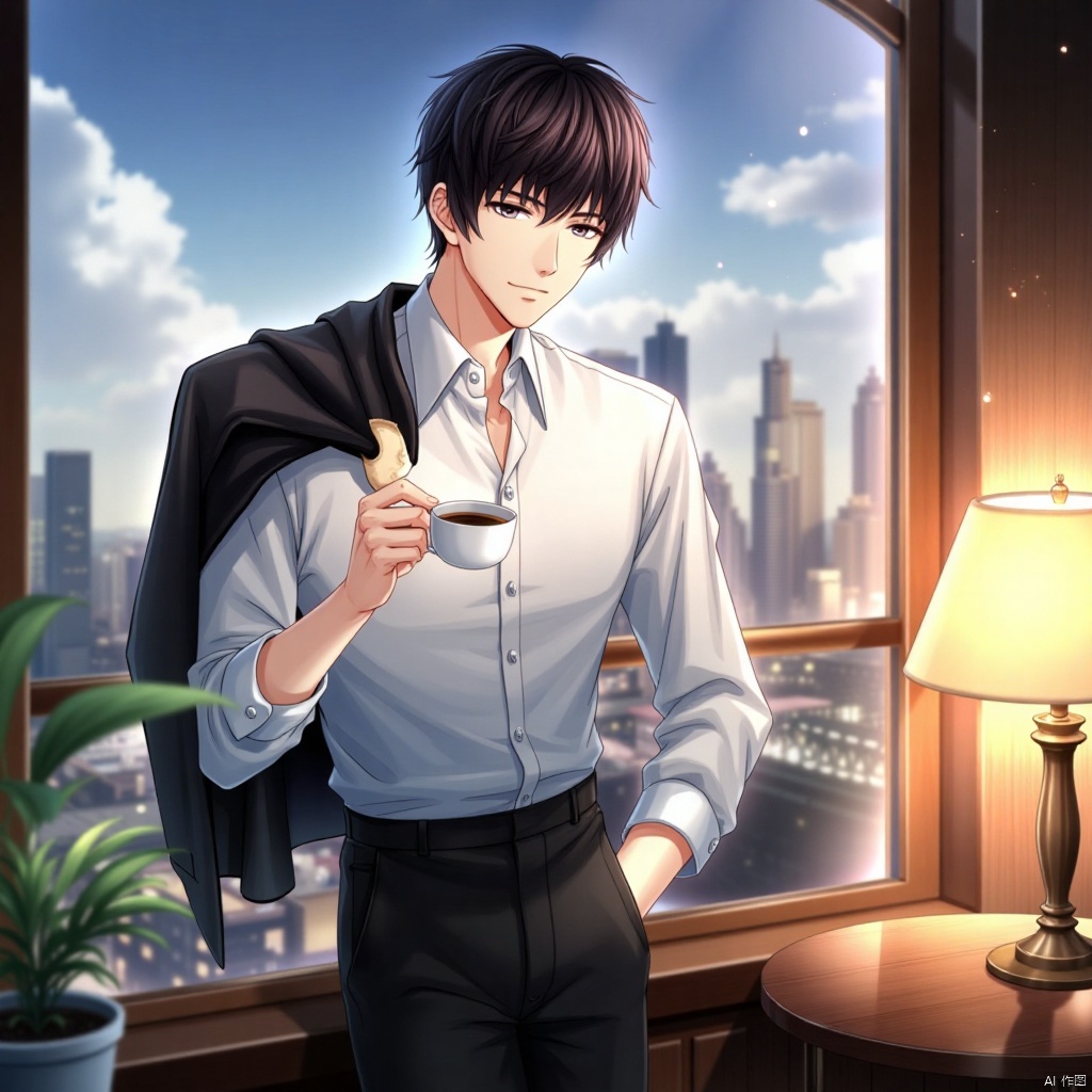 A solo shot of a young man with short, black hair and a white shirt, standing confidently in front of a window with a cityscape view. He's wearing black pants and has his jacket slung over one shoulder, holding a cup of steaming hot coffee in his hand. The warm glow of the lamp on the nearby table casts a cozy ambiance, highlighting the texture of his hair and the creases of his shirt.