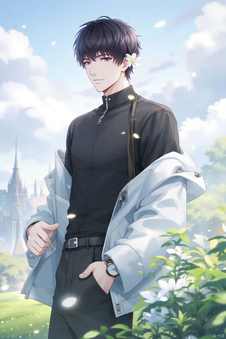 A solo anime-style boy stands confidently, looking directly at the viewer with a hint of mischief in his eyes. His short, dark hair is styled with bangs framing his face. He wears a black shirt and pants, contrasting with the white jacket slung over his shoulder. A flower is tucked behind his ear, adding a touch of whimsy to the scene. The outdoor setting features a cloudy sky, lush green grass, and a gentle breeze rustling his clothes as he stands tall, his watch visible on his wrist.