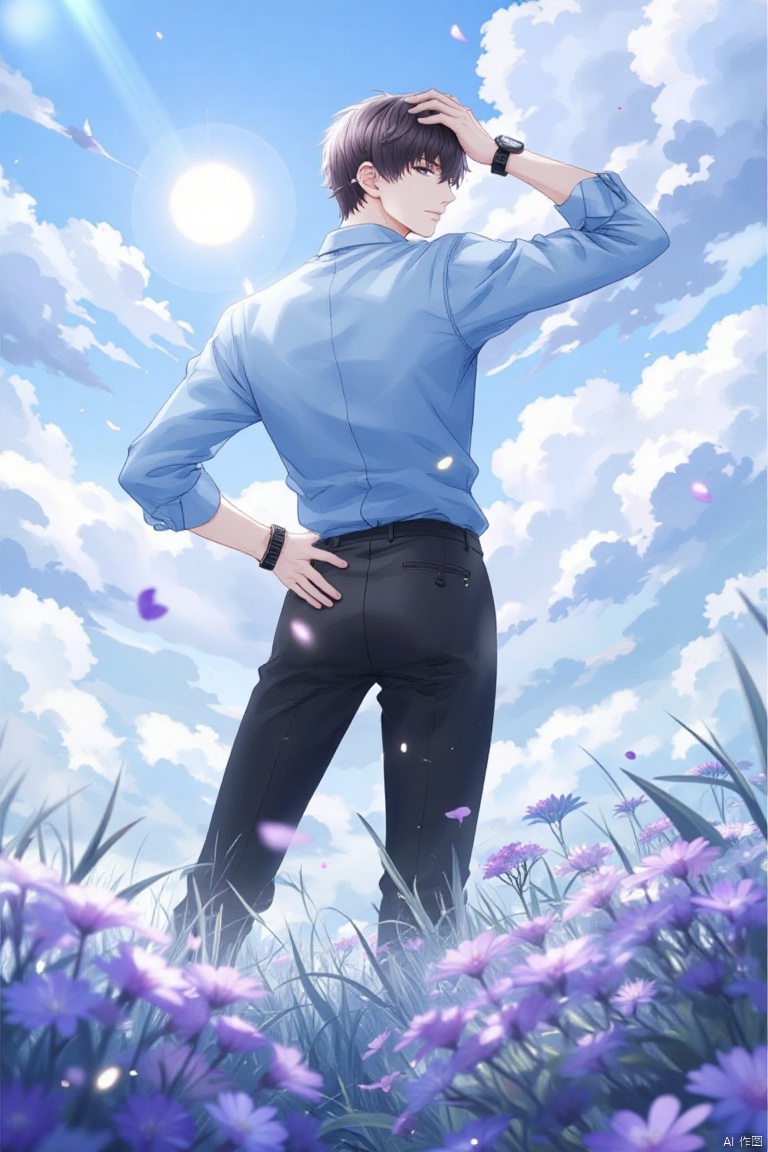 An animated animated image of a man in a blue shirt and black pants. The man has short dark brown hair and a black watch on his wrist. He is standing in a field of tall grass and purple flowers. His left arm is raised in the air and his right hand is resting on his hip. The sky is filled with fluffy white clouds. The sun is shining through the clouds.