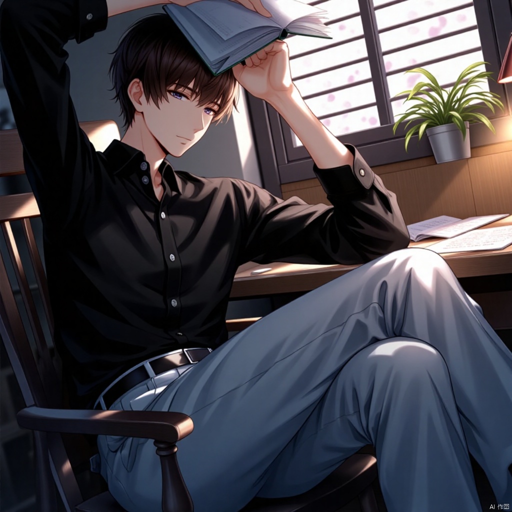 A young anime-style boy, with short brown hair and a closed mouth expression, sits alone in a dimly lit room. He's dressed in a collared black shirt, white pants, and a belt, his long sleeves rolled up slightly. His eyes gaze directly at the viewer as he reads from an open book, one hand resting on his face and the other holding it up to block the sunlight streaming through the blinds. A lamp casts a warm glow on the table beside him, where a plant sits amidst scattered pages. The chair creaks softly under his weight, as he crosses his legs and remains still, immersed in his reading.
