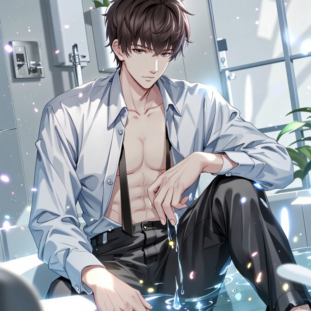 A solo anime-style male sits looking directly at the viewer, his short brown hair messy and styled to perfection. He wears a white collared shirt with no tie, showcasing his defined abs and pectorals as he sits with one knee up and his bare feet visible. His black necktie hangs loose around his neck, adding a touch of sophistication. The background is an indoor setting with a bathtub and water effects creating a see-through illusion. The subject's black pants are wet, and his white shirt clings to his torso, highlighting his navel. Brown eyes lock onto the viewer, inviting them into this intimate moment.