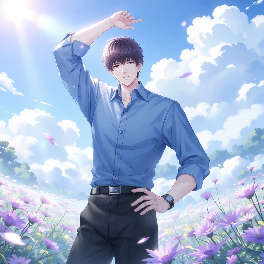 An animated animated image of a man in a blue shirt and black pants. The man has short dark brown hair and a black watch on his wrist. He is standing in a field of tall grass and purple flowers. His left arm is raised in the air and his right hand is resting on his hip. The sky is filled with fluffy white clouds. The sun is shining through the clouds.