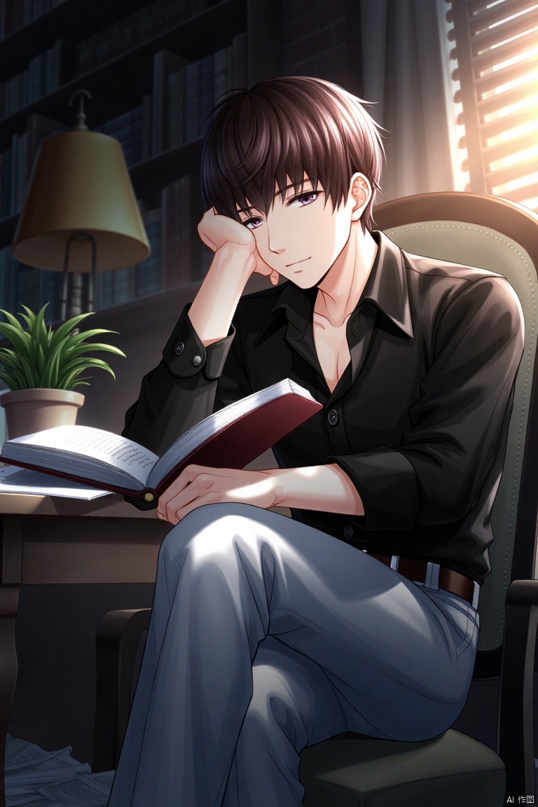 A young anime-style boy, with short brown hair and a closed mouth expression, sits alone in a dimly lit room. He's dressed in a collared black shirt, white pants, and a belt, his long sleeves rolled up slightly. His eyes gaze directly at the viewer as he reads from an open book, one hand resting on his face and the other holding it up to block the sunlight streaming through the blinds. A lamp casts a warm glow on the table beside him, where a plant sits amidst scattered pages. The chair creaks softly under his weight, as he crosses his legs and remains still, immersed in his reading.