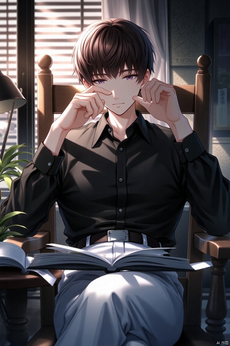 A young anime-style boy, with short brown hair and a closed mouth expression, sits alone in a dimly lit room. He's dressed in a collared black shirt, white pants, and a belt, his long sleeves rolled up slightly. His eyes gaze directly at the viewer as he reads from an open book, one hand resting on his face and the other holding it up to block the sunlight streaming through the blinds. A lamp casts a warm glow on the table beside him, where a plant sits amidst scattered pages. The chair creaks softly under his weight, as he crosses his legs and remains still, immersed in his reading.