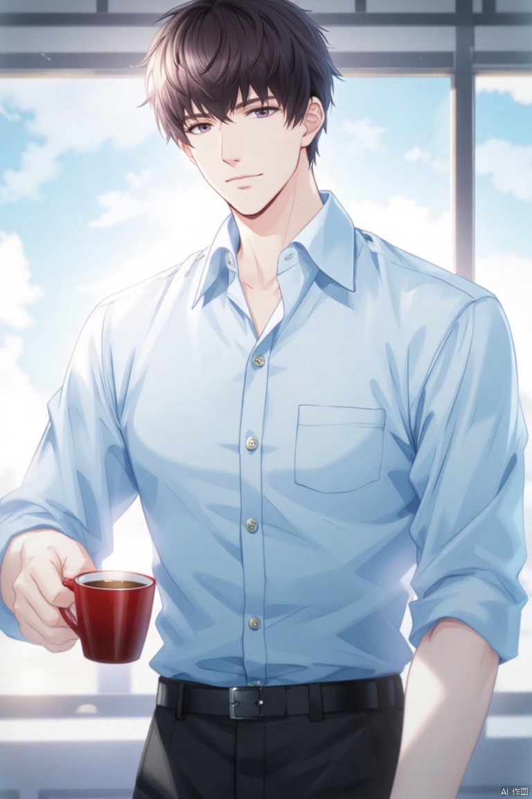 An animated animated image of a man holding a red coffee mug in his right hand. He is wearing a light blue button down shirt with a white collar and black pants. His hair is short and dark brown. His eyes are dark and he has a serious expression on his face. His left hand is resting on his hip. His right hand is holding the coffee mug with his left hand. The coffee mug is a reddish brown color. Behind the man is a window with a view of the sky.
