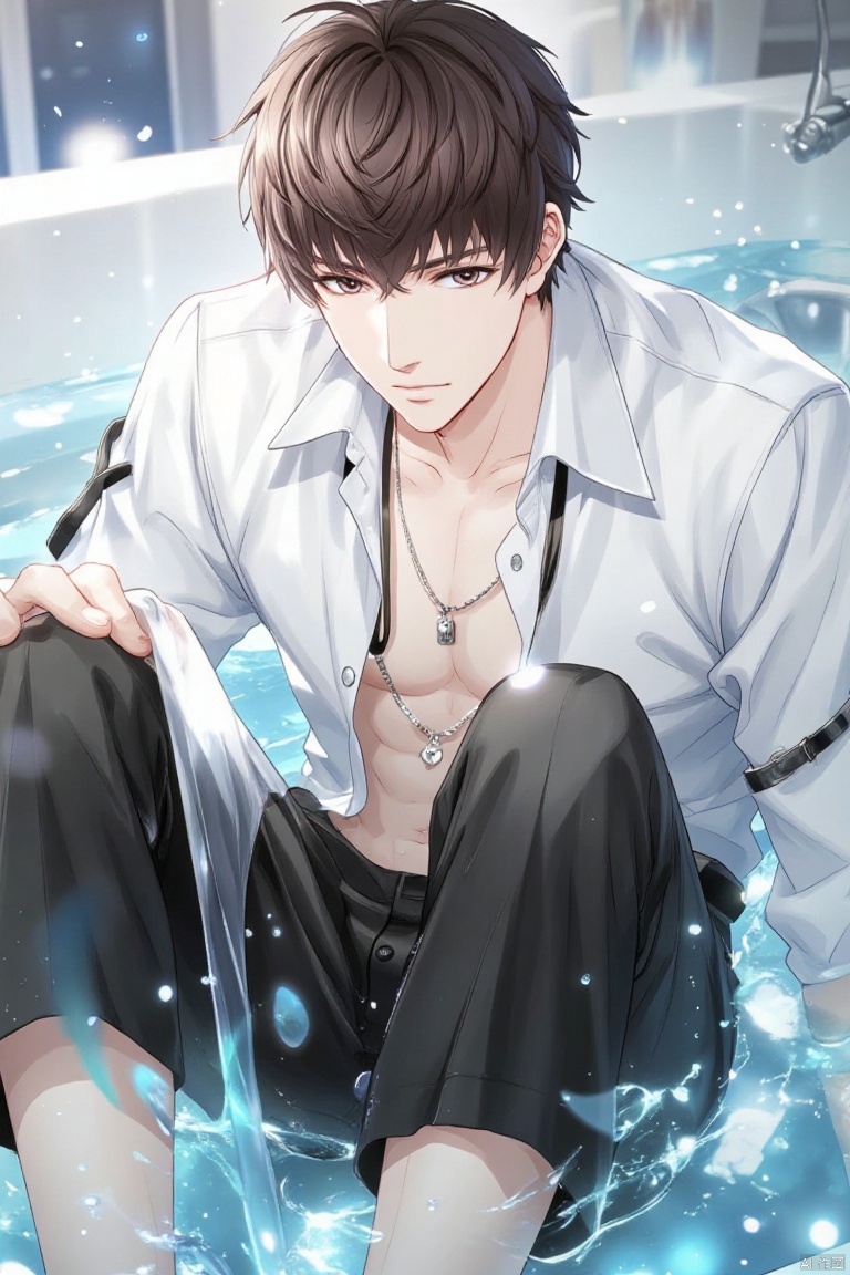 A solo anime-style male sits looking directly at the viewer,  his short brown hair messy and styled to perfection. He wear...