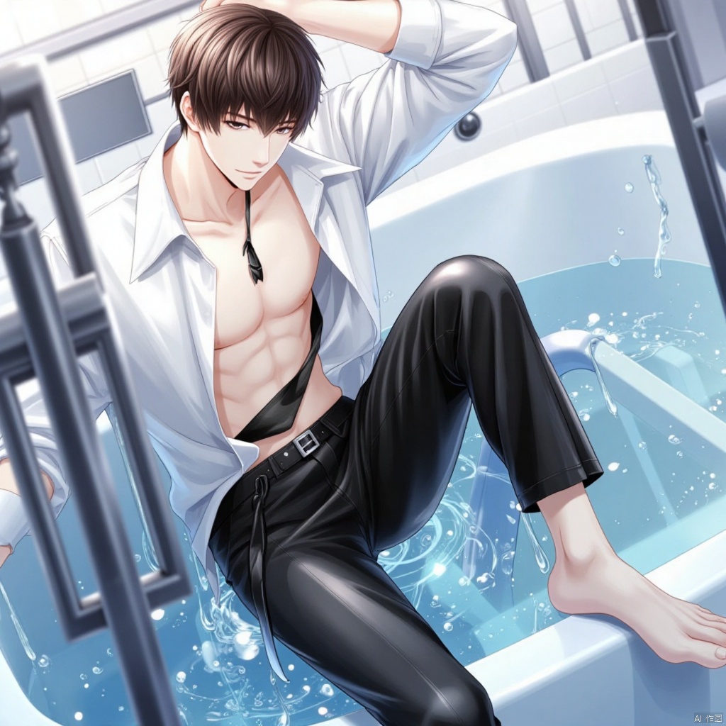 A solo anime-style male sits looking directly at the viewer,  his short brown hair messy and styled to perfection. He wear...