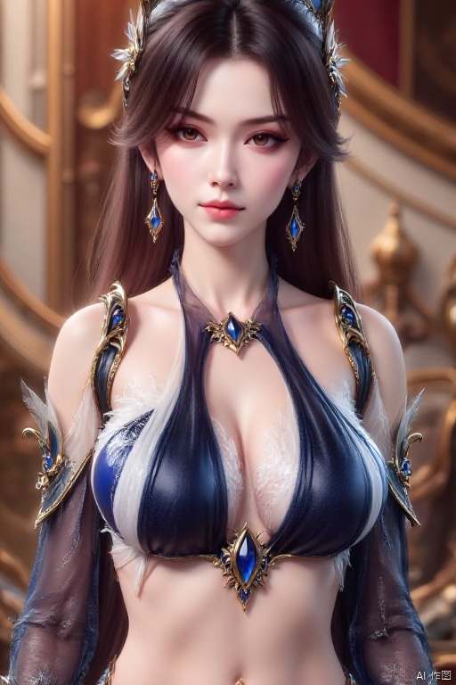 1girl, solo, long hair, breasts, looking at viewer, brown hair, black hair, hair ornament, navel, cleavage, bare shoulders, brown eyes, jewelry, closed mouth, upper body, earrings, midriff, indoors, blurry, lips, blurry background