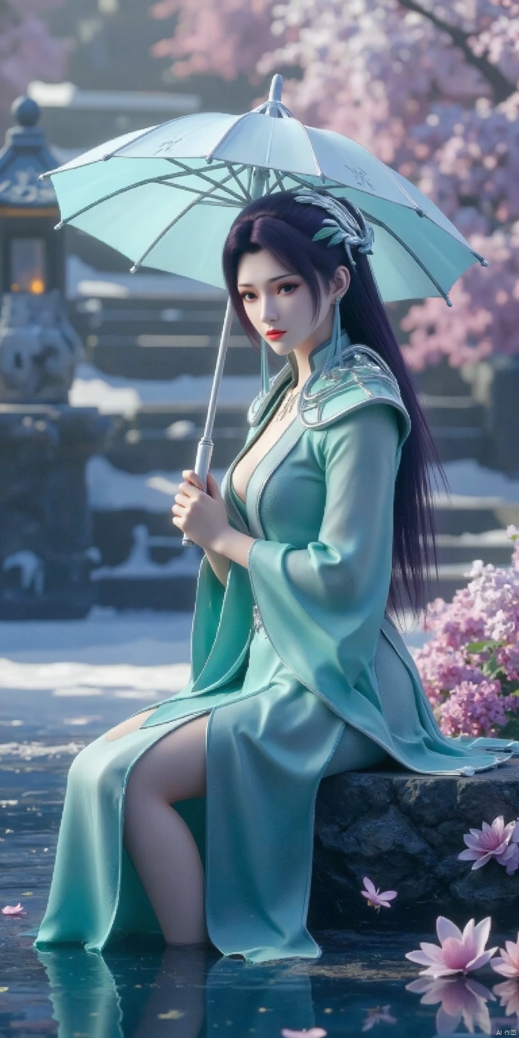 8K image, long hair, floating hair, headwear, 1 girl, looking at the audience, half body, hair accessories, green dress, purple hair, umbrella, flower, water, holding, green silk skirt, beautiful legs, cut clothes, long legs, sitting posture, insects, butterflies, umbrella,