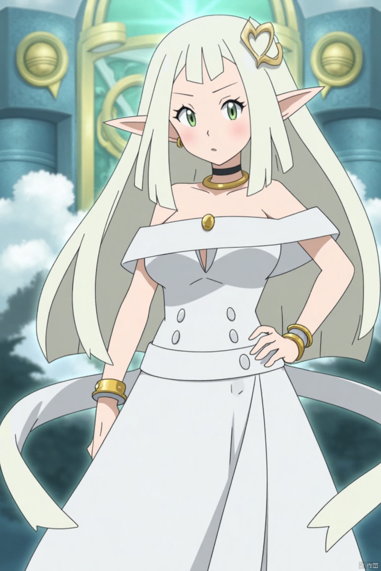 1girl, solo, long hair, breasts, looking at viewer, bangs, hair ornament, dress, cleavage, bare shoulders, jewelry, medium breasts, closed mouth, green eyes, standing, collarbone, full body, white hair, earrings, choker, pointy ears, off shoulder, white dress, bracelet, hand on hip, parted bangs, sash, elf, pelvic curtain, side slit, pillar, column,,,POKTY