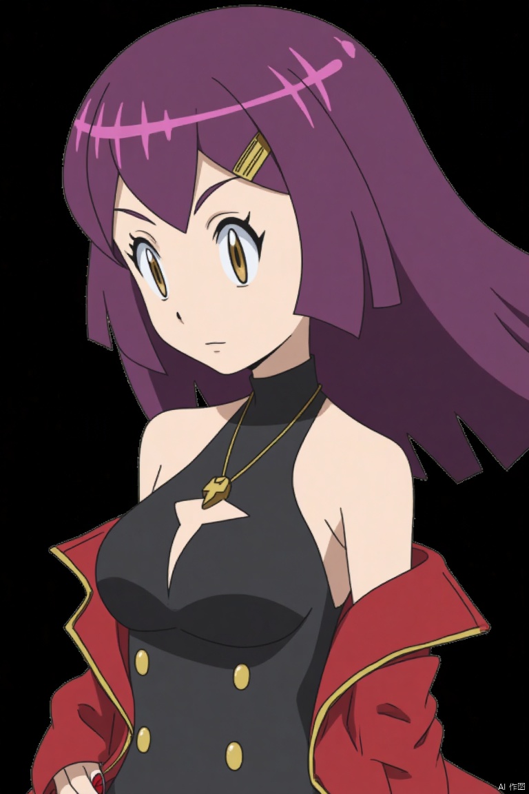 1girl, solo, long hair, breasts, simple background, dress, bare shoulders, brown eyes, jewelry, jacket, upper body, purple hair, earrings, parted lips, necklace, off shoulder, nail polish, black dress, floating hair, cross, black background, red nails, red jacket, cross necklace, katsuragi misato,,POKTY