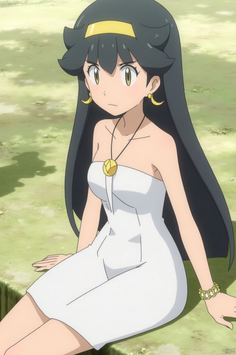 1girl, solo, long hair, looking at viewer, black hair, dress, bare shoulders, brown eyes, jewelry, sitting, closed mouth, earrings, necklace, white dress, bracelet, lips, armlet, circlet, realistic,,POKTY