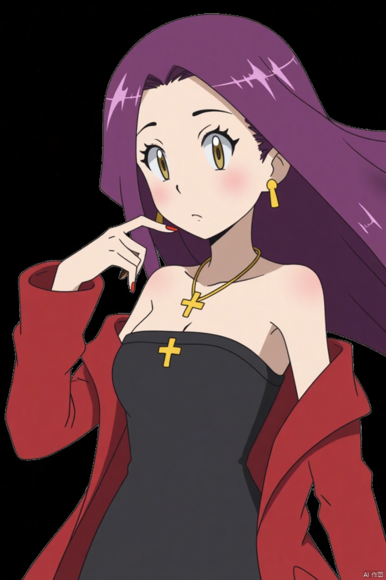 1girl, solo, long hair, breasts, simple background, dress, bare shoulders, brown eyes, jewelry, jacket, upper body, purple hair, earrings, parted lips, necklace, off shoulder, nail polish, black dress, floating hair, cross, black background, red nails, red jacket, cross necklace, katsuragi misato,,POKTY